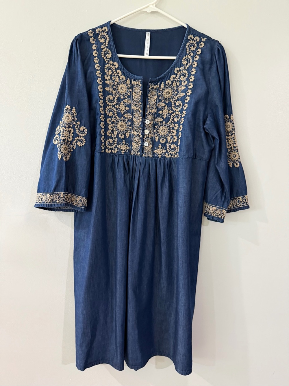 Rock Flower Paper Blue Jean Beige Embroidered Floral Women's Dress Lightweight